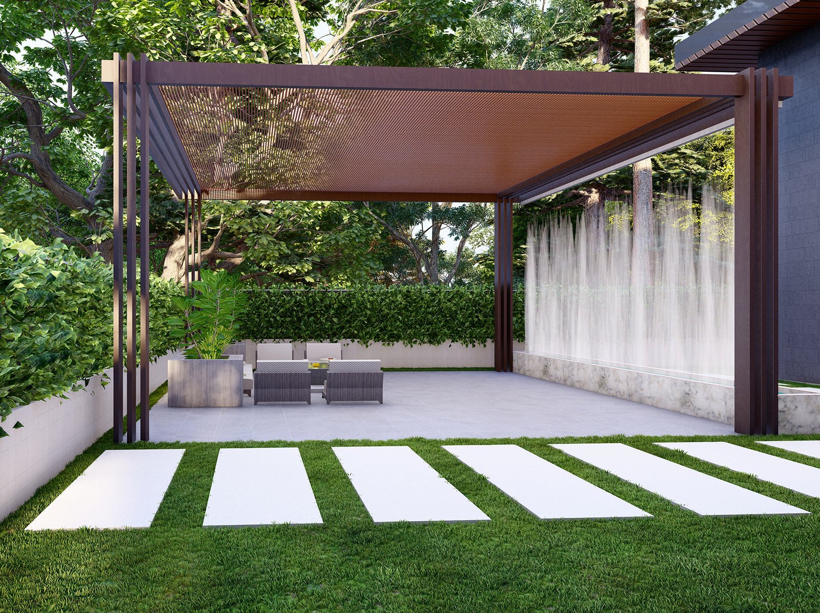 اسم وموقع المشروع :  استراحة خاصة – الامارات العين      التصنيف :  حديقة - خاص     المساحة :  360 متر مربع    حالة المشروع :   مكتمل